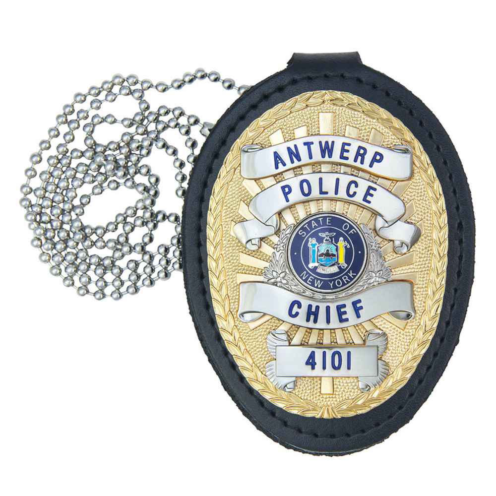 UNIVERSAL DELUXE BADGE HOLDER SHIELD, CHAIN & CLIP: 2-3/4X3-1/2”